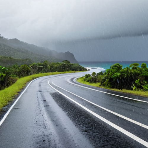 Home 4 **
A winding coastal road in New Caledonia, drenched in heavy rain. Visibility is poor, with the road barely visible through the downpour. A lone car struggles to navigate the treacherous conditions. The scene emphasizes the challenges of driving in adverse weather. Focus on the intense rain, the narrow road, and the blurred view.
**Keywords:** rain, New Caledonia, coastal road, driving, weather, visibility, danger, blurred, storm.
**