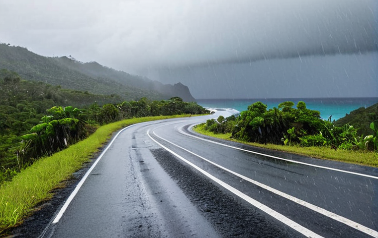 **
A winding coastal road in New Caledonia, drenched in heavy rain. Visibility is poor, with the road barely visible through the downpour. A lone car struggles to navigate the treacherous conditions. The scene emphasizes the challenges of driving in adverse weather. Focus on the intense rain, the narrow road, and the blurred view.
**Keywords:** rain, New Caledonia, coastal road, driving, weather, visibility, danger, blurred, storm.
**