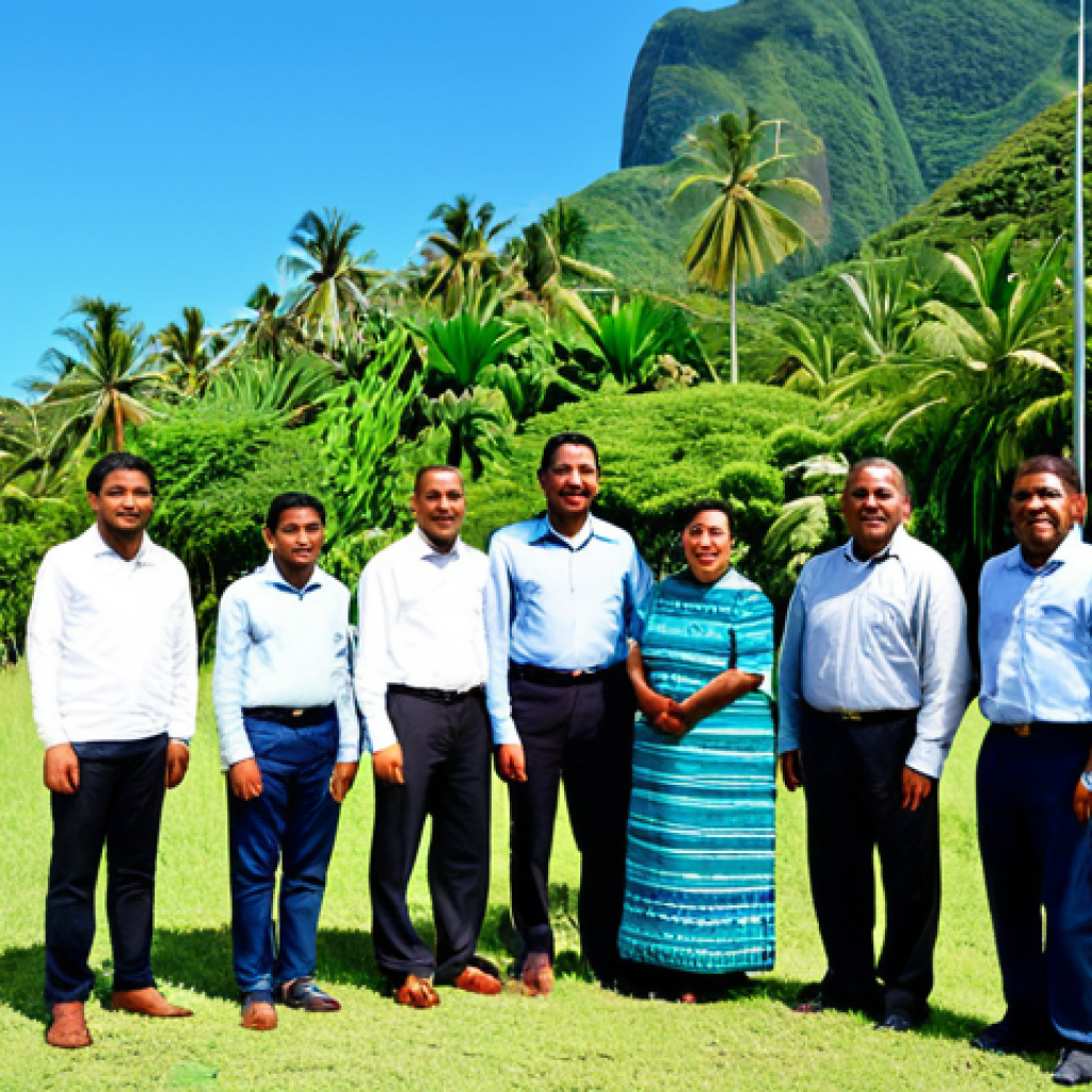 A diverse group of professional adults from New Caledonia, including Kanak individuals in modest, respectful traditional attire elements and others in smart casual or business attire, standing together in a lush tropical landscape. In the background, hints of a traditional Kanak hut (case) and modern, well-maintained town buildings are visible. The scene features a clear blue sky, vibrant green vegetation, and soft natural lighting. fully clothed, modest clothing, appropriate attire, professional dress, safe for work, appropriate content, perfect anatomy, correct proportions, natural pose, well-formed hands, proper finger count, natural body proportions, professional photography, high resolution, family-friendly.