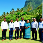 A diverse group of professional adults from New Caledonia, including Kanak individuals in modest, respectful traditional attire elements and others in smart casual or business attire, standing together in a lush tropical landscape. In the background, hints of a traditional Kanak hut (case) and modern, well-maintained town buildings are visible. The scene features a clear blue sky, vibrant green vegetation, and soft natural lighting. fully clothed, modest clothing, appropriate attire, professional dress, safe for work, appropriate content, perfect anatomy, correct proportions, natural pose, well-formed hands, proper finger count, natural body proportions, professional photography, high resolution, family-friendly.