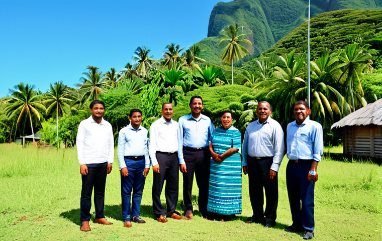 A diverse group of professional adults from New Caledonia, including Kanak individuals in modest, respectful traditional attire elements and others in smart casual or business attire, standing together in a lush tropical landscape. In the background, hints of a traditional Kanak hut (case) and modern, well-maintained town buildings are visible. The scene features a clear blue sky, vibrant green vegetation, and soft natural lighting. fully clothed, modest clothing, appropriate attire, professional dress, safe for work, appropriate content, perfect anatomy, correct proportions, natural pose, well-formed hands, proper finger count, natural body proportions, professional photography, high resolution, family-friendly.