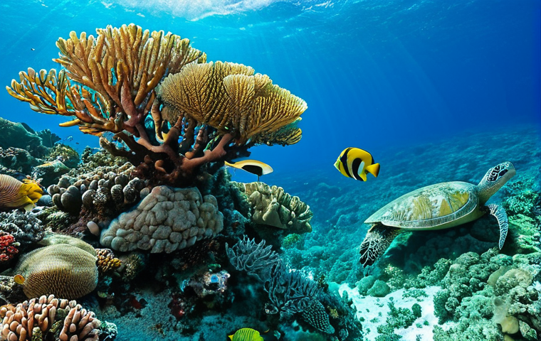 Diving in April**

"Underwater scene of vibrant coral reefs in New Caledonia, crystal clear turquoise water, diverse marine life including colorful fish and sea turtles, sunny conditions, April, perfect anatomy, natural proportions, underwater photography, high quality, safe for work, appropriate content, professional, family-friendly."

**