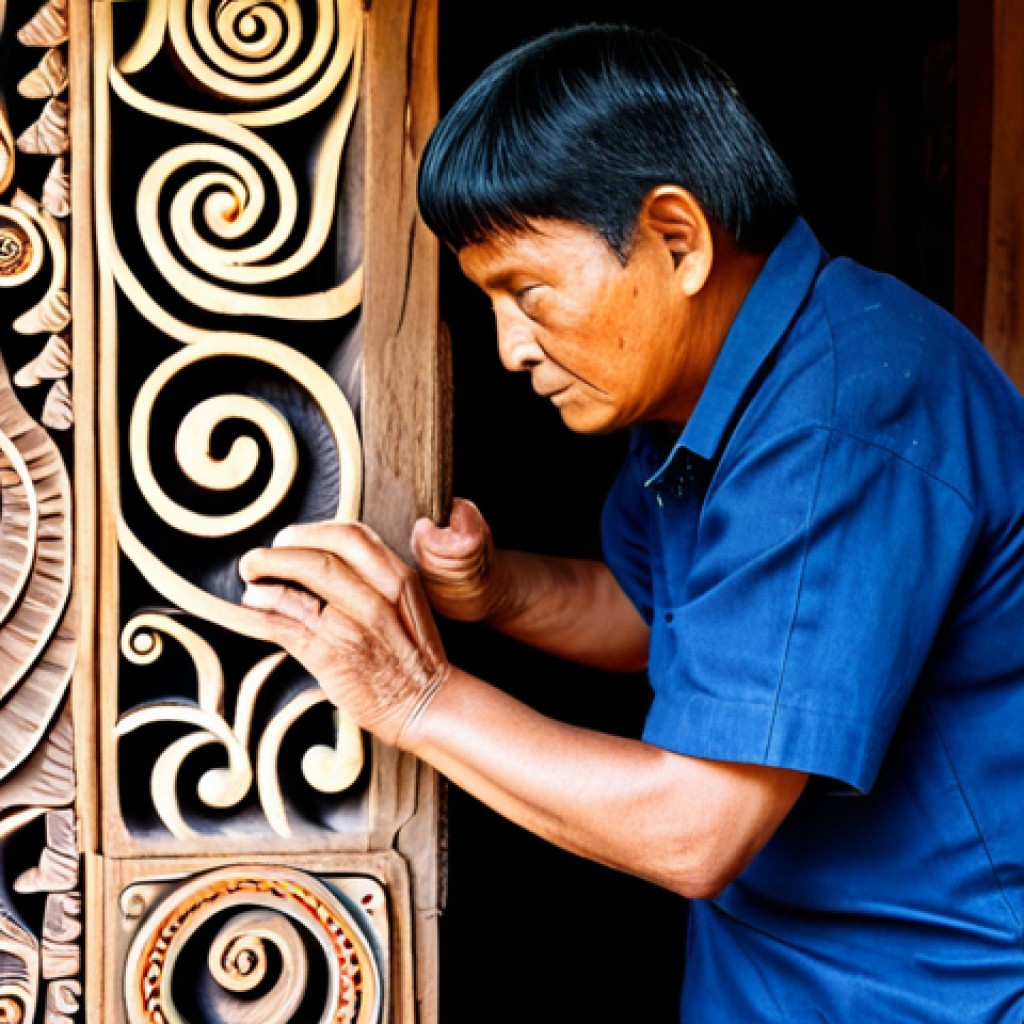 누벨칼레도니 전통 예술 갤러리 - Kanak Wood Carving**

"A skilled Kanak artisan meticulously carving a traditional wooden doorpost wi...