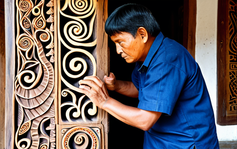 누벨칼레도니 전통 예술 갤러리 - Kanak Wood Carving**

"A skilled Kanak artisan meticulously carving a traditional wooden doorpost wi...