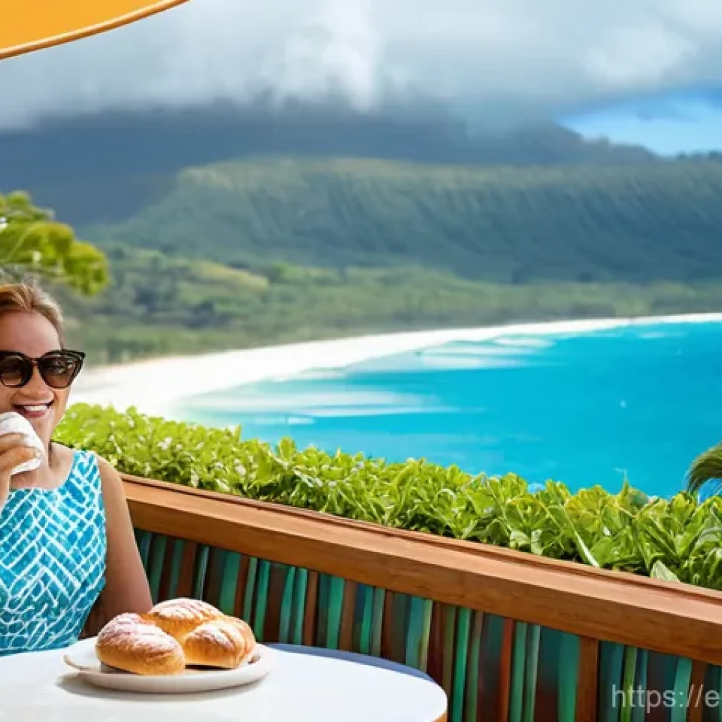 누벨칼레도니 유럽 문화 영향 - **Prompt:** A vibrant morning scene at a sophisticated French-style boulangerie in Nouméa, New Caled...