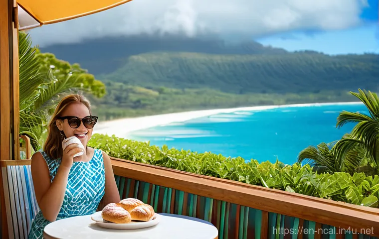누벨칼레도니 유럽 문화 영향 - **Prompt:** A vibrant morning scene at a sophisticated French-style boulangerie in Nouméa, New Caled...