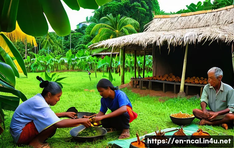 누벨칼레도니 문화 축제 - **Prompt: Yam Festival Celebration**
    "A vibrant scene depicting the 'Fête de l'Igname' (Yam Fest...