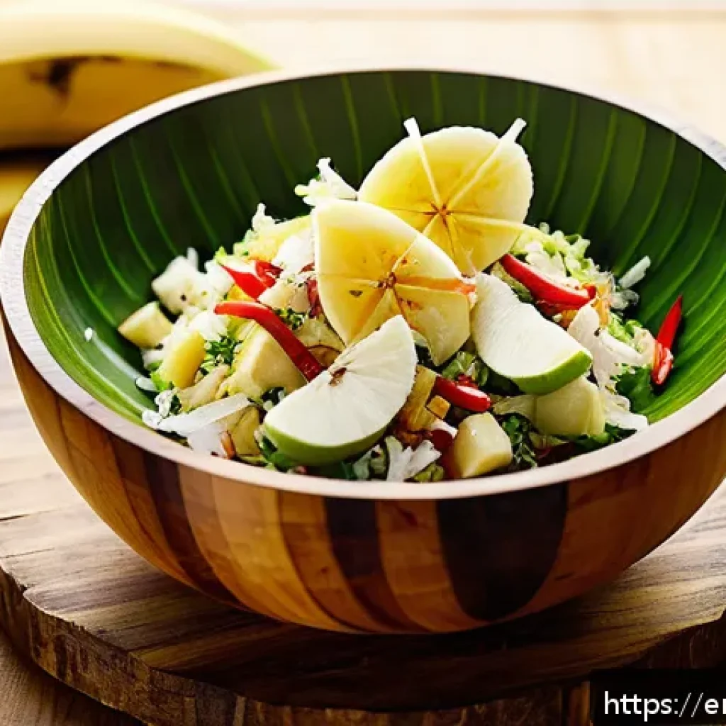 누벨칼레도니 바나나 요리 - A vibrant tropical starter scene featuring a fresh banana and coconut salad served in a rustic woode...