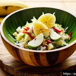 Home 21 누벨칼레도니 바나나 요리 - A vibrant tropical starter scene featuring a fresh banana and coconut salad served in a rustic woode...