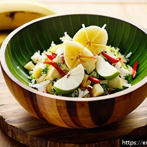 Home 33 누벨칼레도니 바나나 요리 - A vibrant tropical starter scene featuring a fresh banana and coconut salad served in a rustic woode...