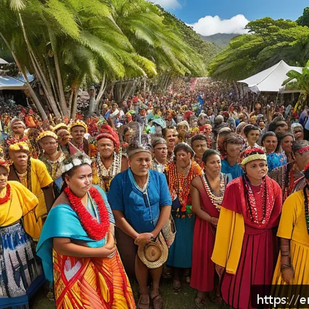 누벨칼레도니 유명 인물 - A vibrant scene of a New Caledonian community festival, featuring Indigenous Kanak leaders and youth...