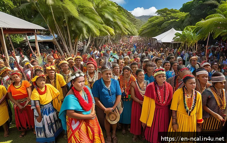 누벨칼레도니 유명 인물 - A vibrant scene of a New Caledonian community festival, featuring Indigenous Kanak leaders and youth...