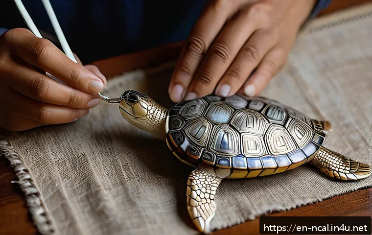 누벨칼레도니 전통 보석 및 악세서리 - A close-up view of a skilled artisan’s hands delicately carving intricate ocean wave and turtle patt...