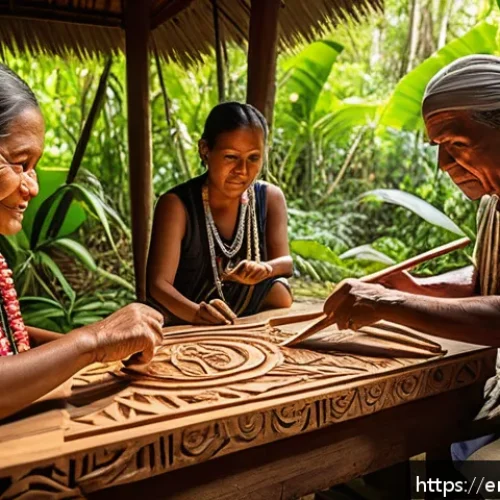 Home 17 누벨칼레도니 원주민 문화 - A detailed scene of Kanak artisans engaged in traditional woodcarving outdoors, surrounded by lush N...