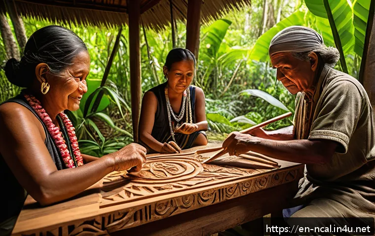 누벨칼레도니 원주민 문화 - A detailed scene of Kanak artisans engaged in traditional woodcarving outdoors, surrounded by lush N...