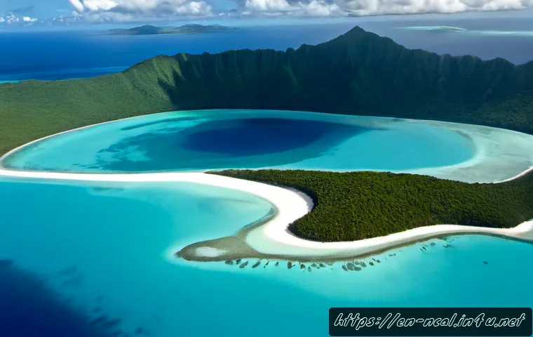 누벨칼레도니 해양 기후 특징 - Photorealistic aerial view of New Caledonia’s vast turquoise lagoon and coral reef near Grande Terre...