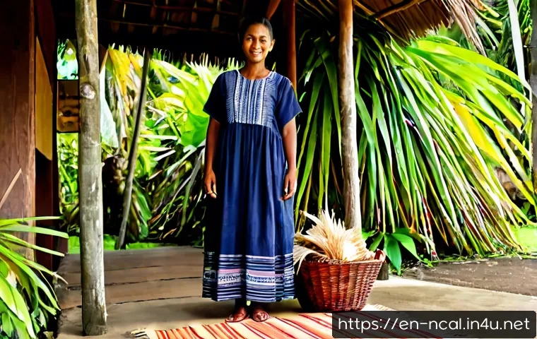 누벨칼레도니 전통 직물과 의류 - Photorealistic cultural portrait in New Caledonia, an adult Kanak woman wearing a graceful loose mis...